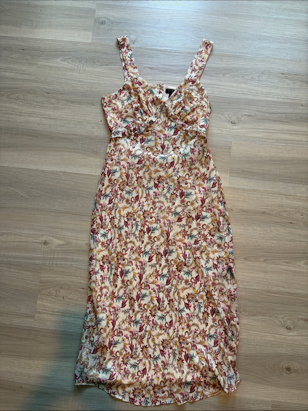 Jessica Simpson Cream Floral Midi Dress with Pink and Yellow Accents